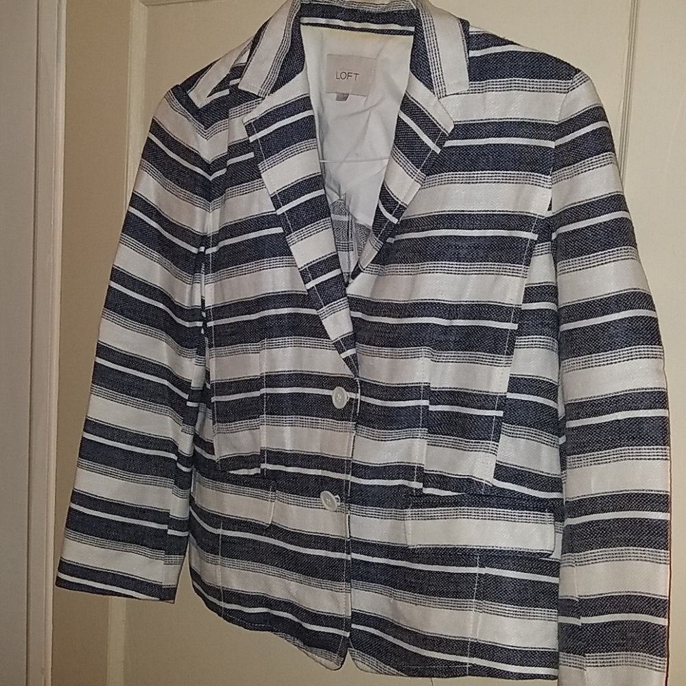 Blue and white linen look blazer jacket loft